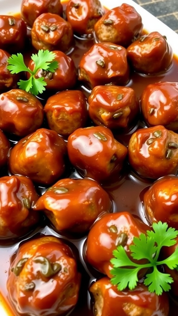 A delicious serving of barbecue meatballs on a platter, garnished with parsley, ideal for gatherings.